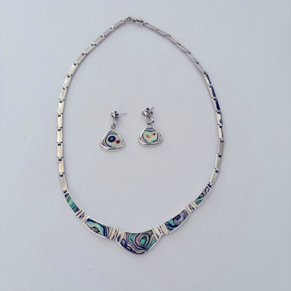 Sterling Silver 950 Abalone Inlay Necklace/ Choker And Earings Set